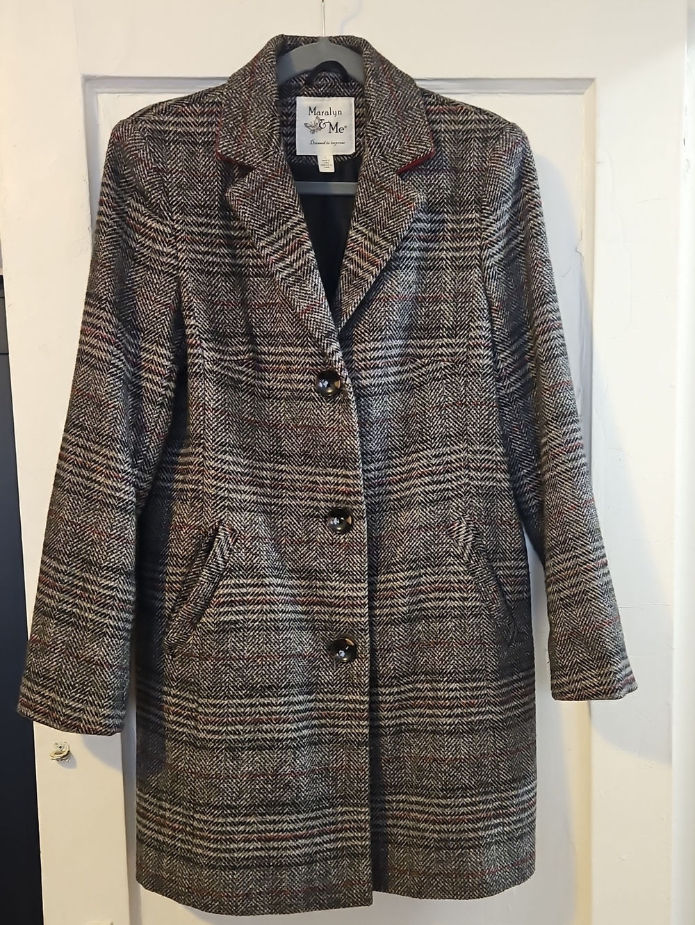 Maralyn & Me Gray Plaid Wool-Blend Pea Coat with Subtle Red Accents